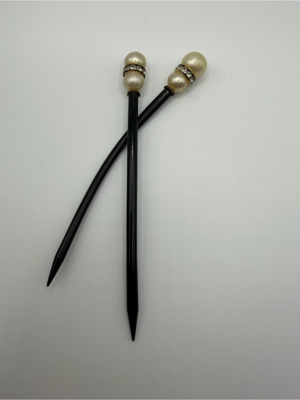 2 Vtg Art Deco Hair Stick French Black Celluloid Faux Pearl Rhinestone Bun Pin